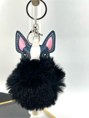 Boston Terrier Faux Fur Pom Pom Keychain Bag Charm Black Puppy Dog Cute